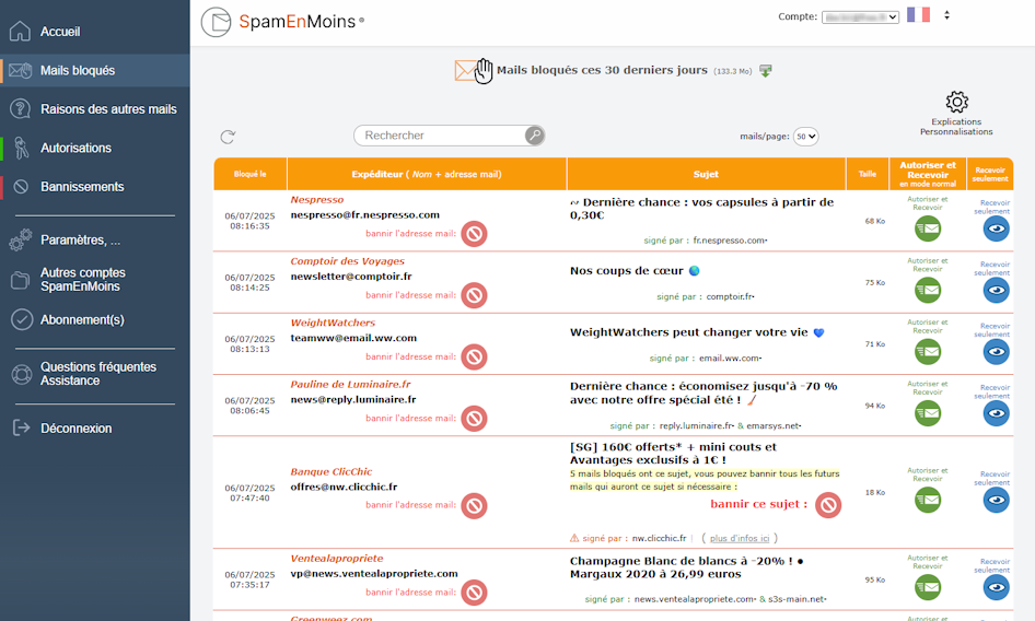 illustration de l'interface du filtre anti spam SpamEnMoins